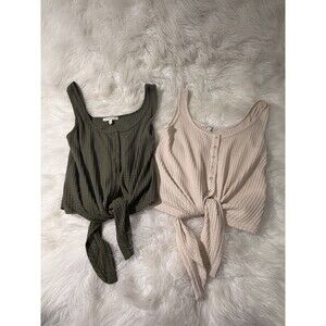 Express Ribbed Waffle Knit Tie-Front Tank Bundle Lot Size S Olive Green + Beige